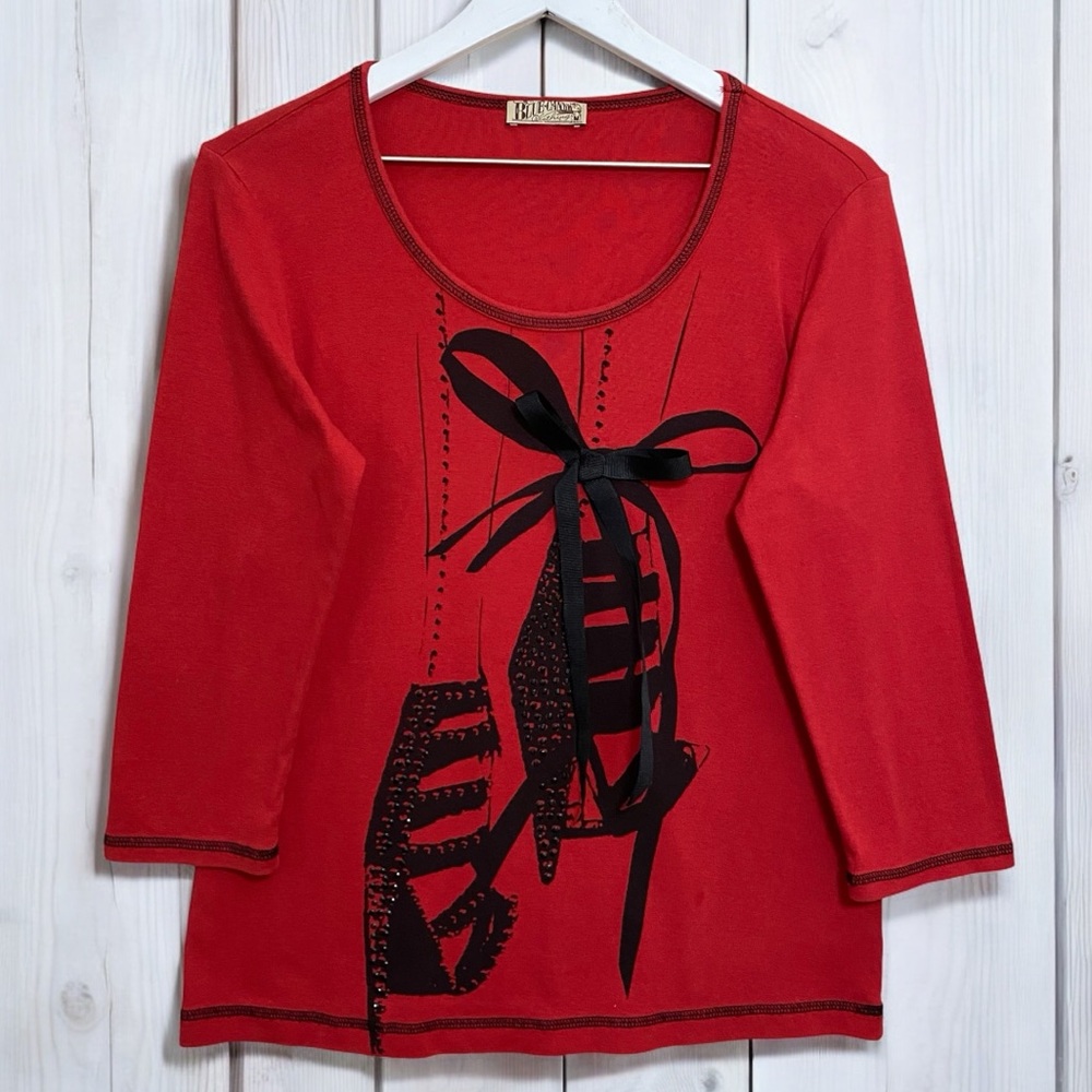 Blue Canyon Clothing Red‎ & Black High Heel 3/4 Sleeve With Ribbon Accent Medium